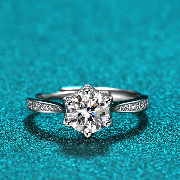 925 Sterling Silver Moissanite Classic Hexagon Star Ring for Women - PT950 Platinum-Plated Band
