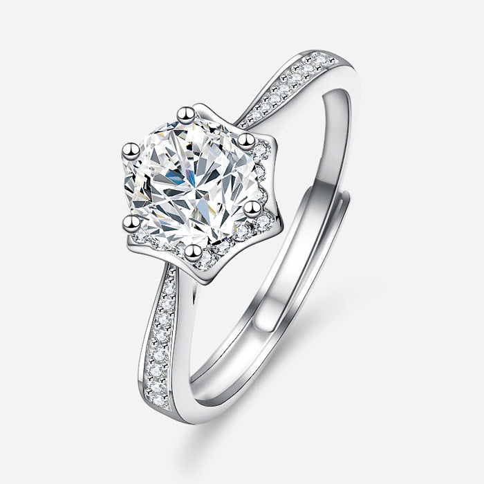 925 Sterling Silver Moissanite Classic Hexagon Star Ring for Women - PT950 Platinum-Plated Band