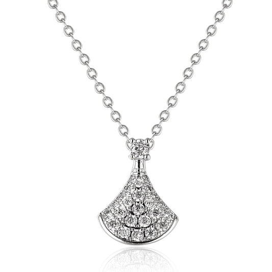 925 Sterling Silver Fan-Shaped Dress Pendant Necklace with Sparkling Stones – Elegant and Charming Design