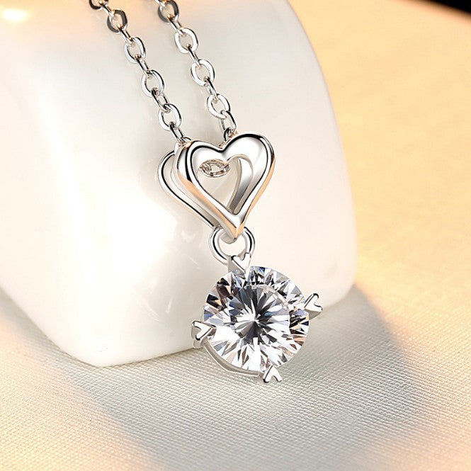 925 Sterling Silver Double Heart Moissanite Necklace – Romantic Collarbone Chain