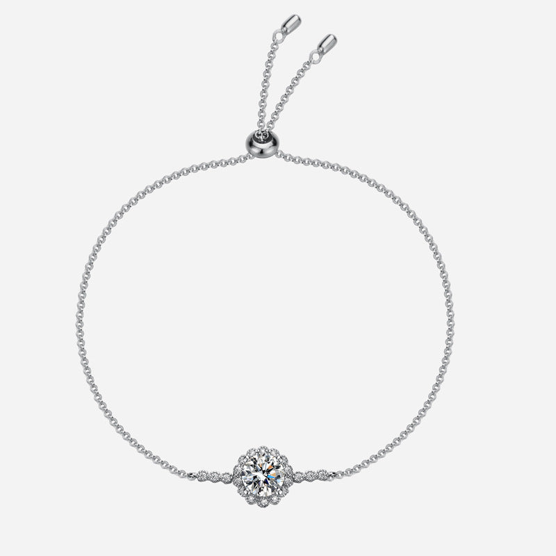 925 Sterling Silver Adjustable Daisy Bracelet for Women – Platinum-Plated with 1 Carat Moissanite