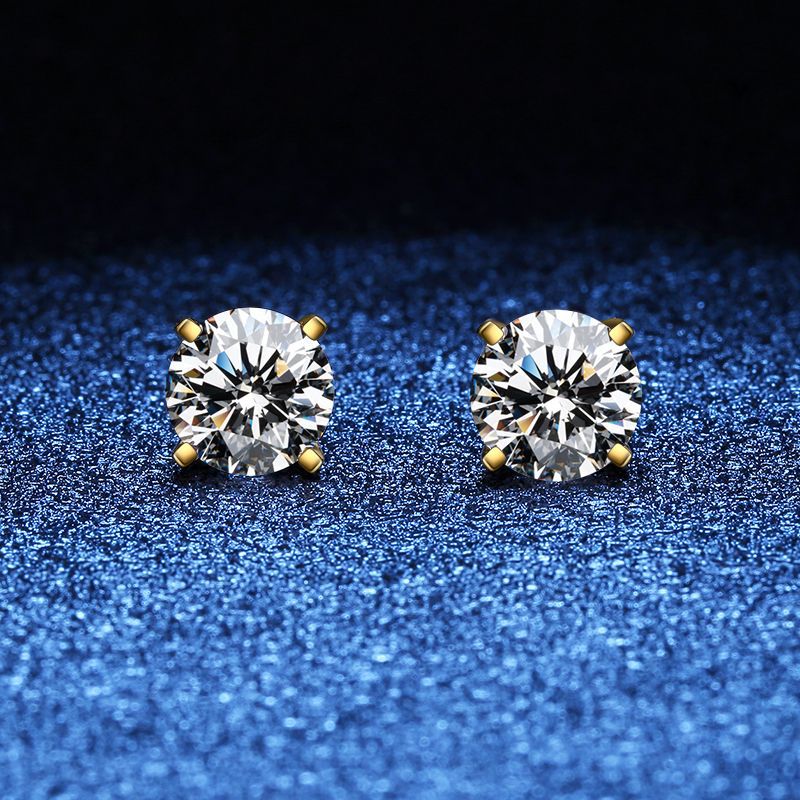 925 Sterling Silver Gold-Plated Four-Prong Moissanite Stud Earrings – Available in Multiple Carat Sizes