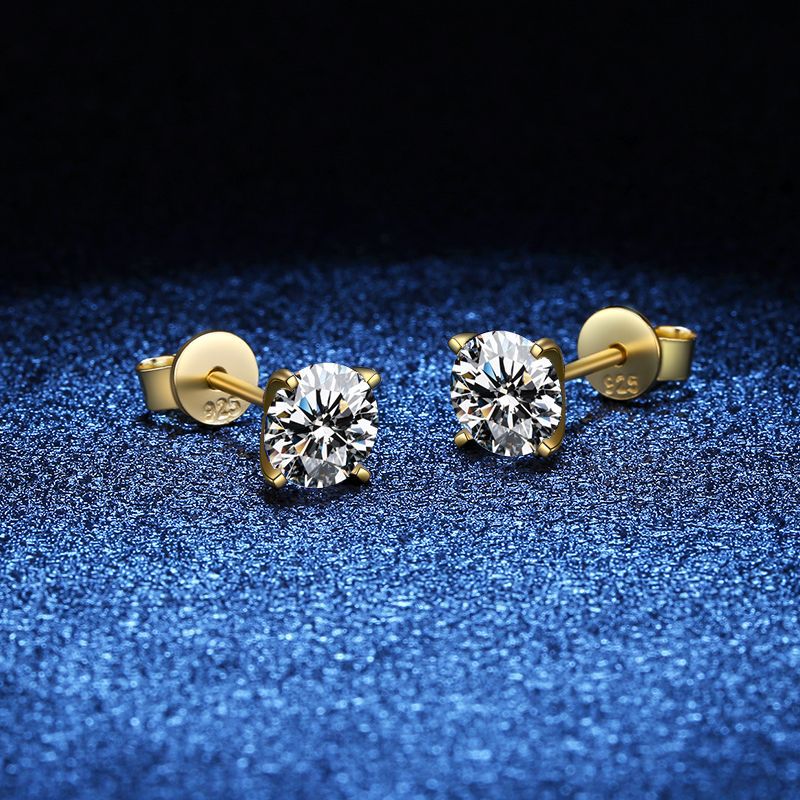 925 Sterling Silver Gold-Plated Four-Prong Moissanite Stud Earrings – Available in Multiple Carat Sizes