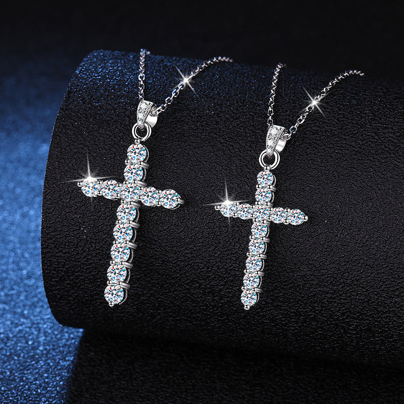 925 Sterling Silver Moissanite Cross Pendant Necklace for Women – Simple and Stylish, Platinum Color