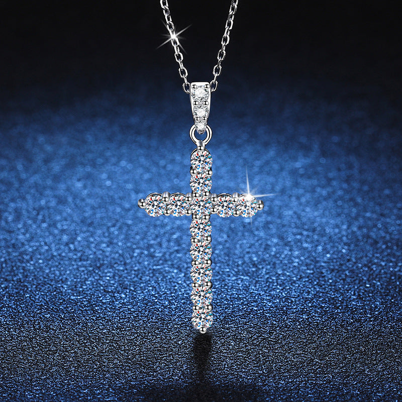 925 Sterling Silver Moissanite Cross Pendant Necklace for Women – Simple and Stylish, Platinum Color