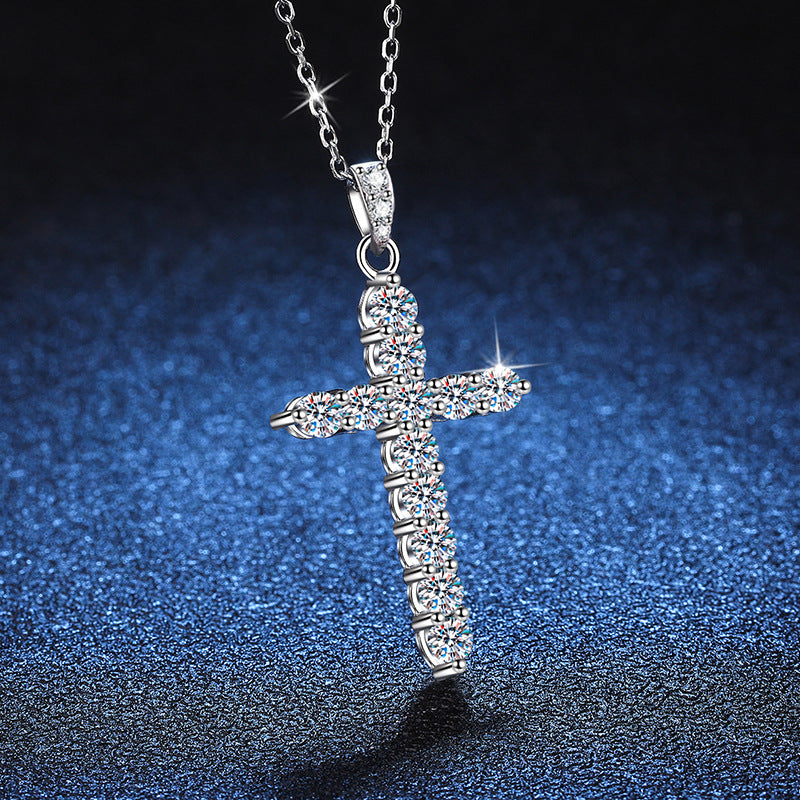 925 Sterling Silver Moissanite Cross Pendant Necklace for Women – Simple and Stylish, Platinum Color