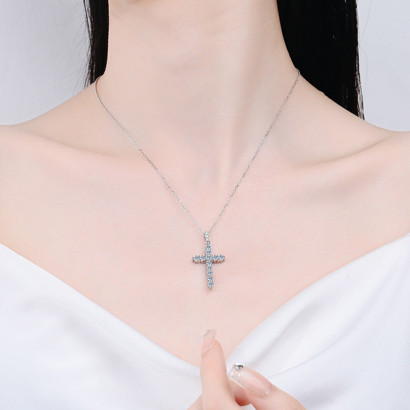 925 Sterling Silver Moissanite Cross Pendant Necklace for Women – Simple and Stylish, Platinum Color