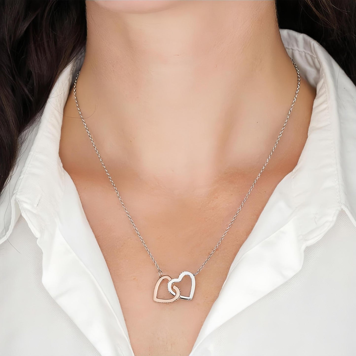 S925 Sterling Silver Double Heart Pendant Necklace - Interlocking Circle Choker